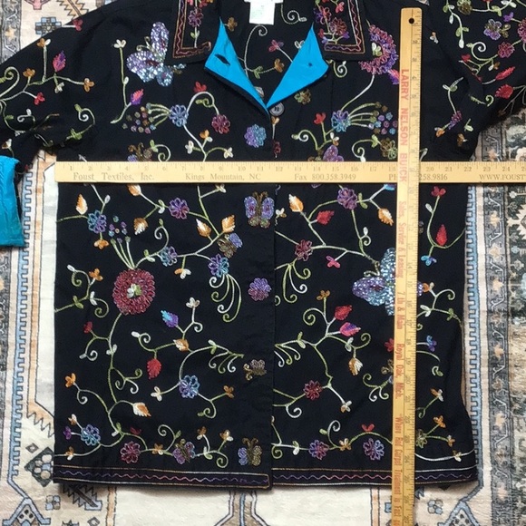 🪿Quacker Factory Black Floral Beaded Embroidered Button Front Turquoise Trim - Picture 9 of 11